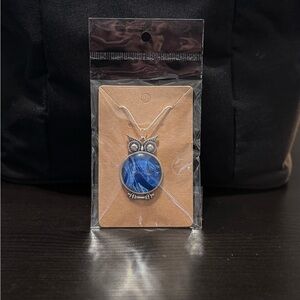 Silver Owl Pendant Necklace with Blue Cabochon